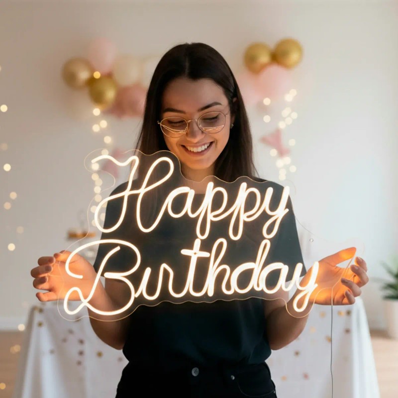 Letreiro Happy Birthday Led Neon Luminoso Acrílico Festas